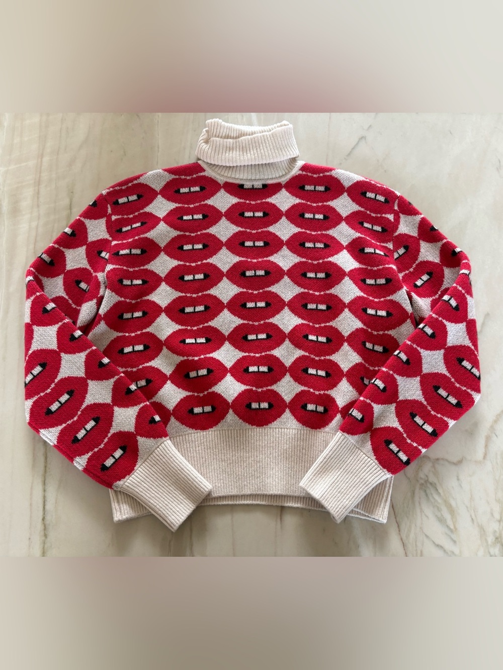 Cream Turtleneck Sweater with Red Lip Jacquard